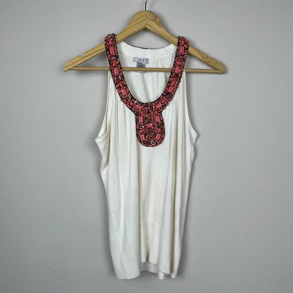 Cache Y2K Knit Beaded Tank Top Ivory Small Boho Festival Gathered Waist S